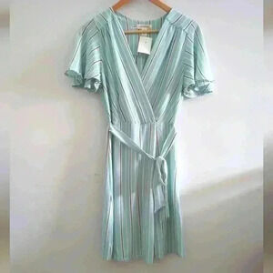 MONTEAU | Women's Sea Green/Brown/White Striped Wrap Style Midi Dress